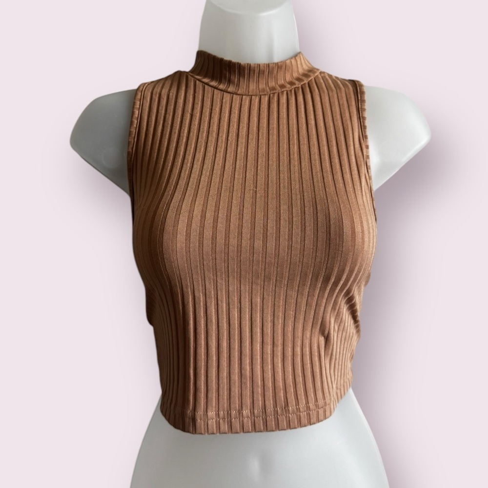 SHEIN Ribbed High Neck Crop Top Size L Fitted Sleeveless Tank
